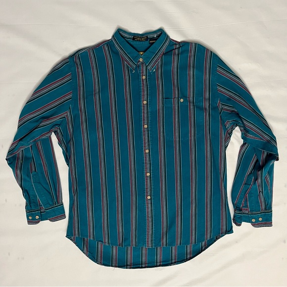 Vintage Men’s Oskkosh B’Gosh Striped Teal Shirt Size Large - Picture 1 of 16